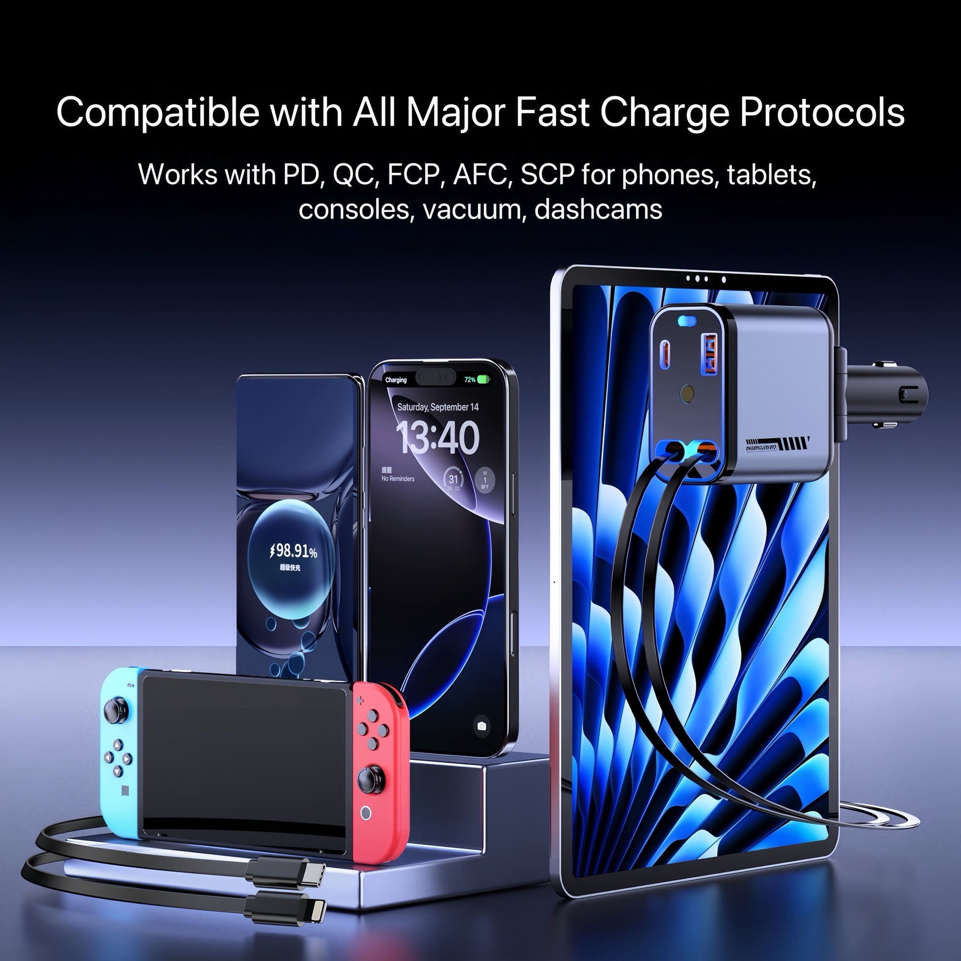 120W Retractable Car Charger with USB Port – Super Fast Charging Cigarette Lighter Adapter