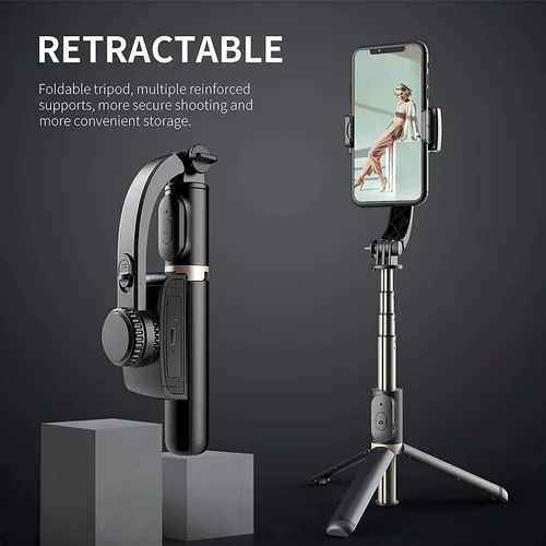 Q08 3-in-1 Phone Gimbal Stabilizer, Retractable Selfie Stick with Tripod Stand, Bluetooth Remote Control, Black