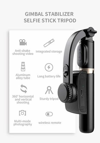 Q08 3-in-1 Phone Gimbal Stabilizer, Retractable Selfie Stick with Tripod Stand, Bluetooth Remote Control, Black