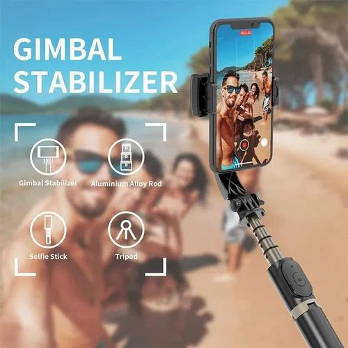 Q08 3-in-1 Phone Gimbal Stabilizer, Retractable Selfie Stick with Tripod Stand, Bluetooth Remote Control, Black